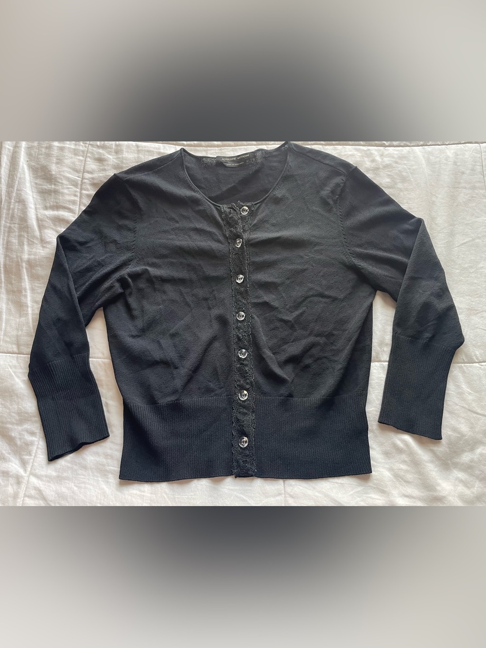 90s Black Nylon Lace Trim Button Down Fitted Cardigan Small Dark Academia Goth